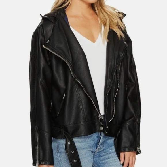 Free People black faux leather vegan moto motorcycle zip up hooded jacket sz S - Picture 3 of 12